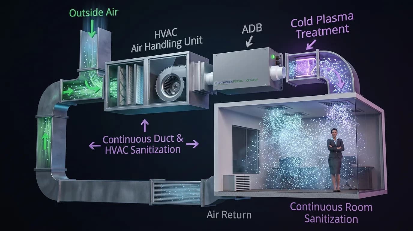 Cutaway of an HVAC system with the PathogenFocus ADB unit applying cold-plasma treatment and dispersing reactive particles into a room