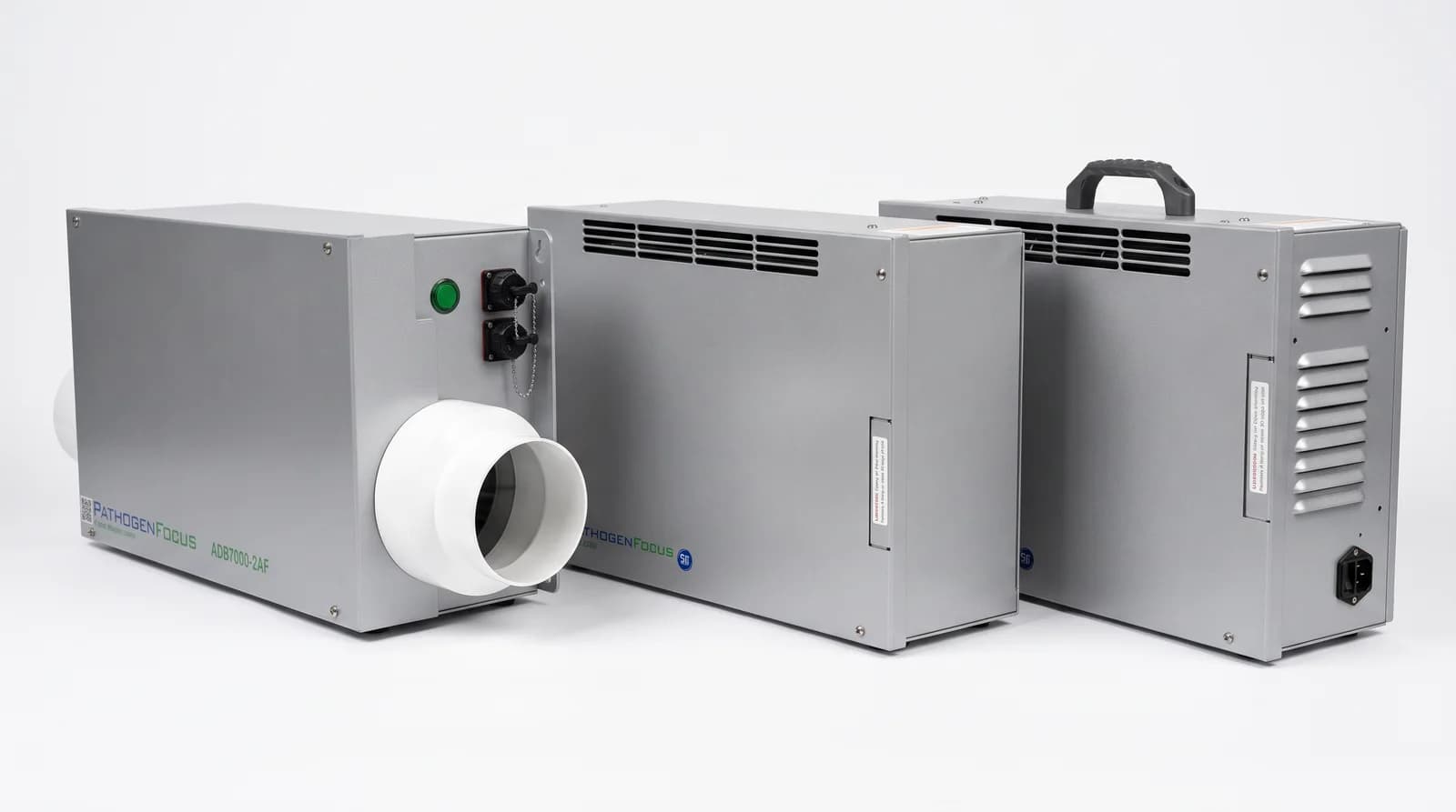 PathogenFocus ADB 7000 units at an angle showing the branded cabinets
